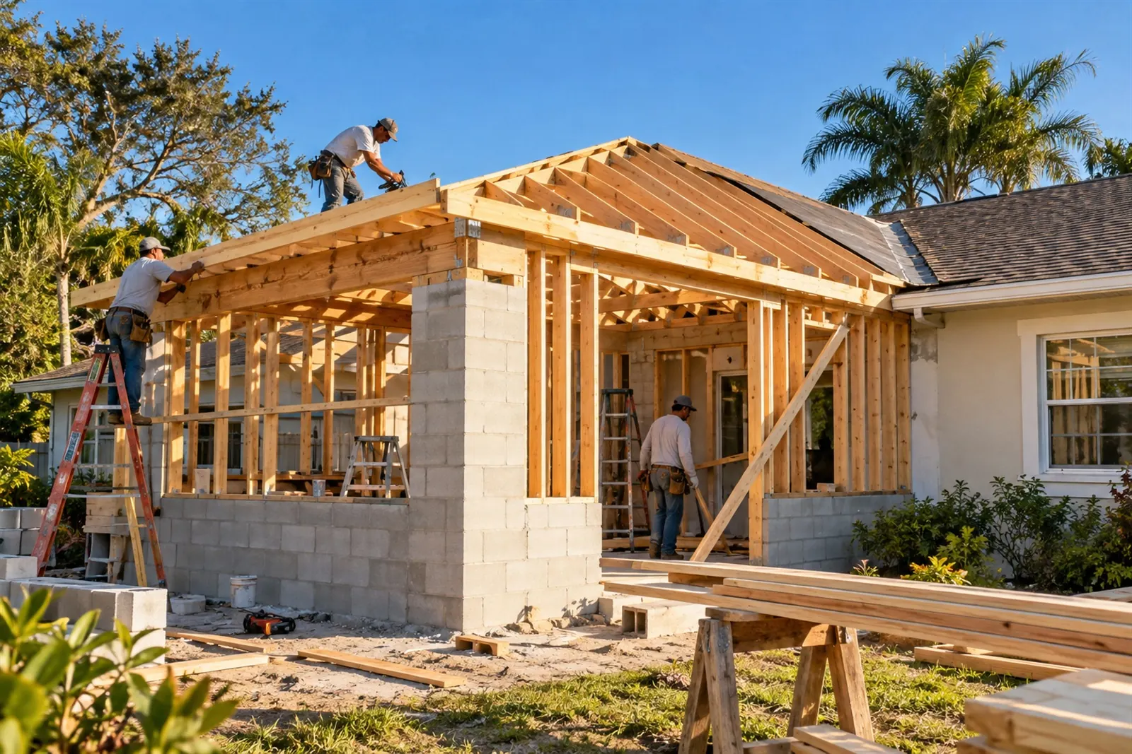 Framing crew building a block-and-timber room addition