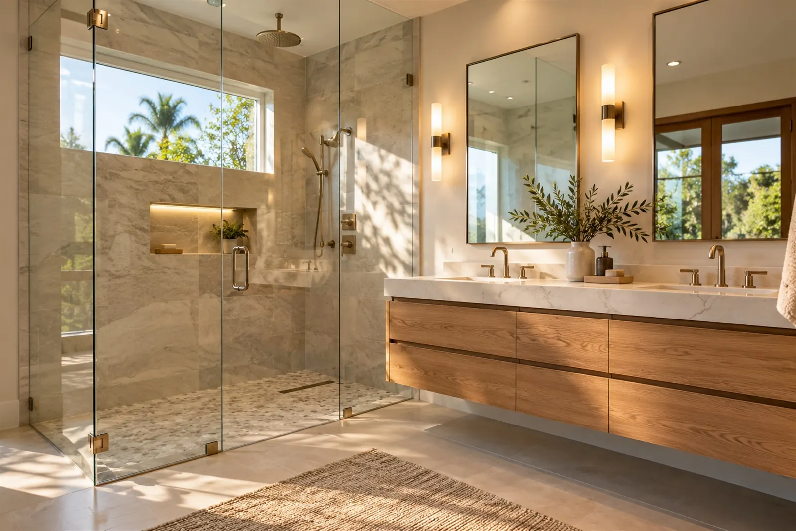 Walk-in glass shower and floating double vanity in a remodeled bathroom