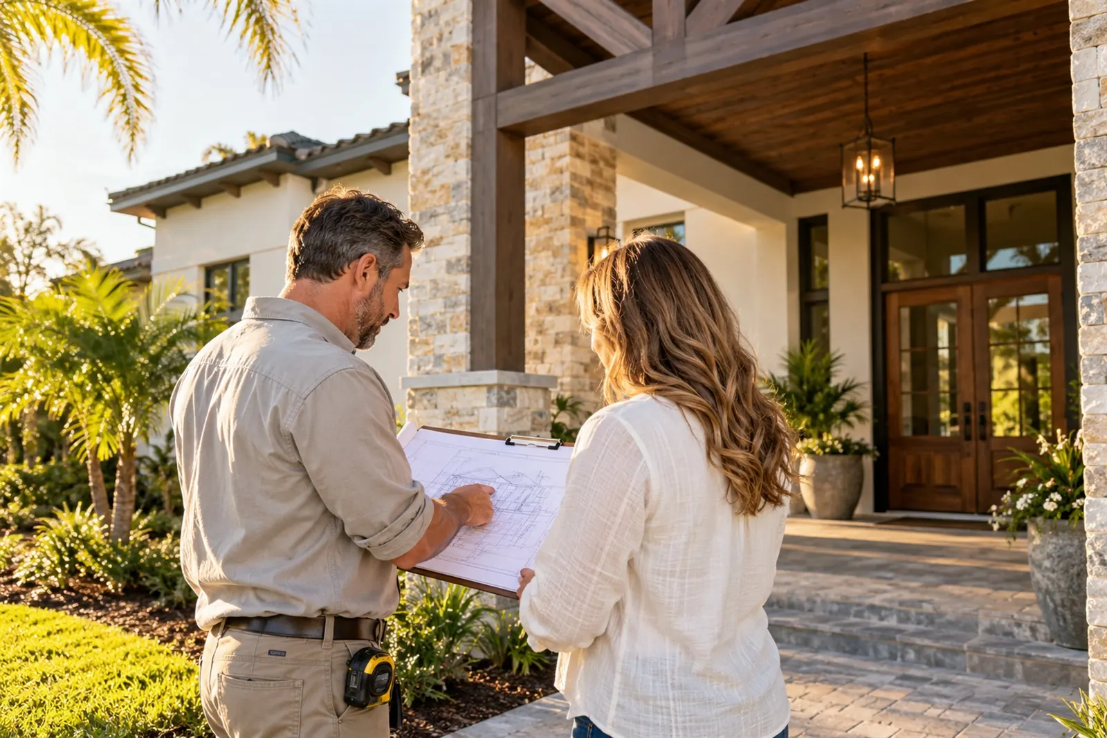 Contractor reviewing drawings with a homeowner outside her house