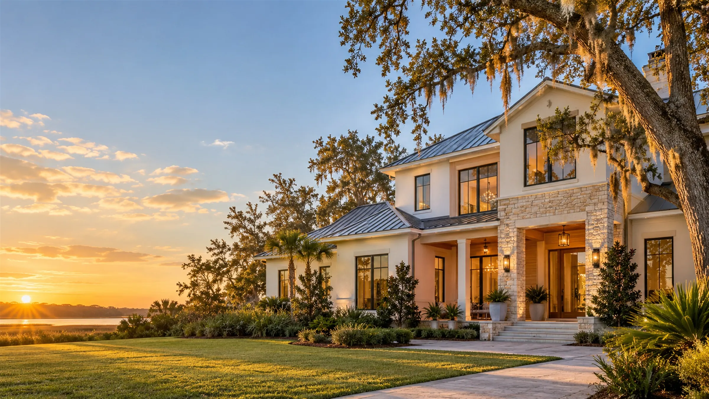 Two-story Florida home with a standing-seam metal roof and stone entry at sunset