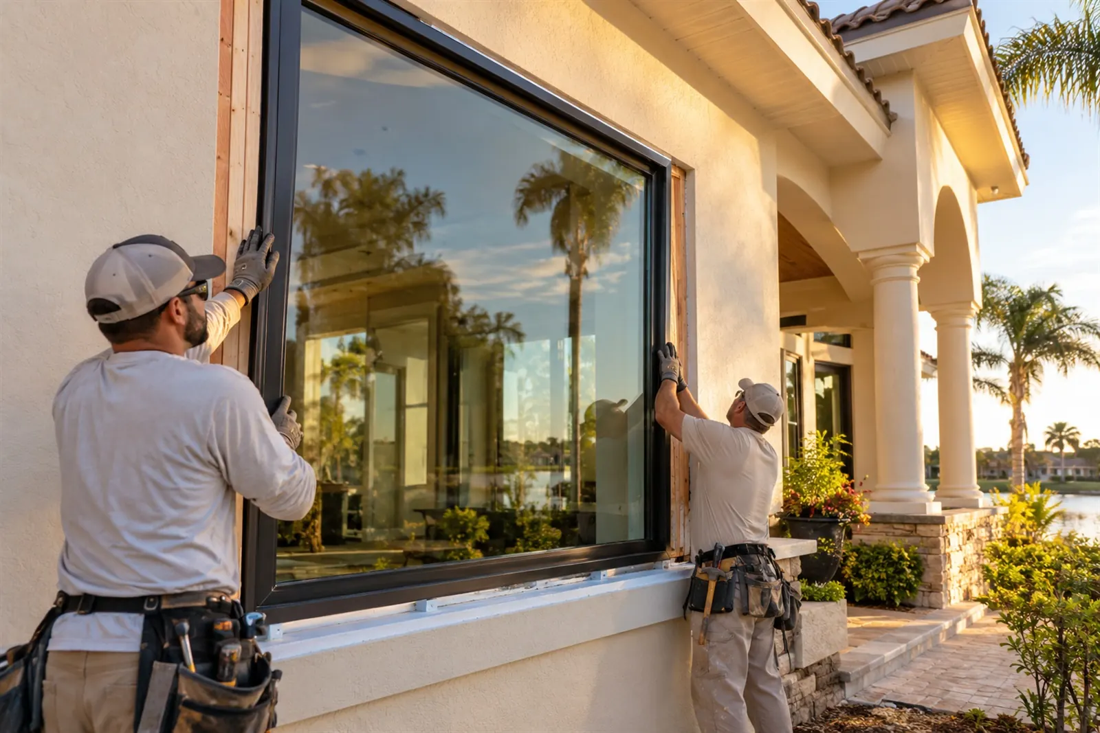 Installers setting a large window into a stucco wall