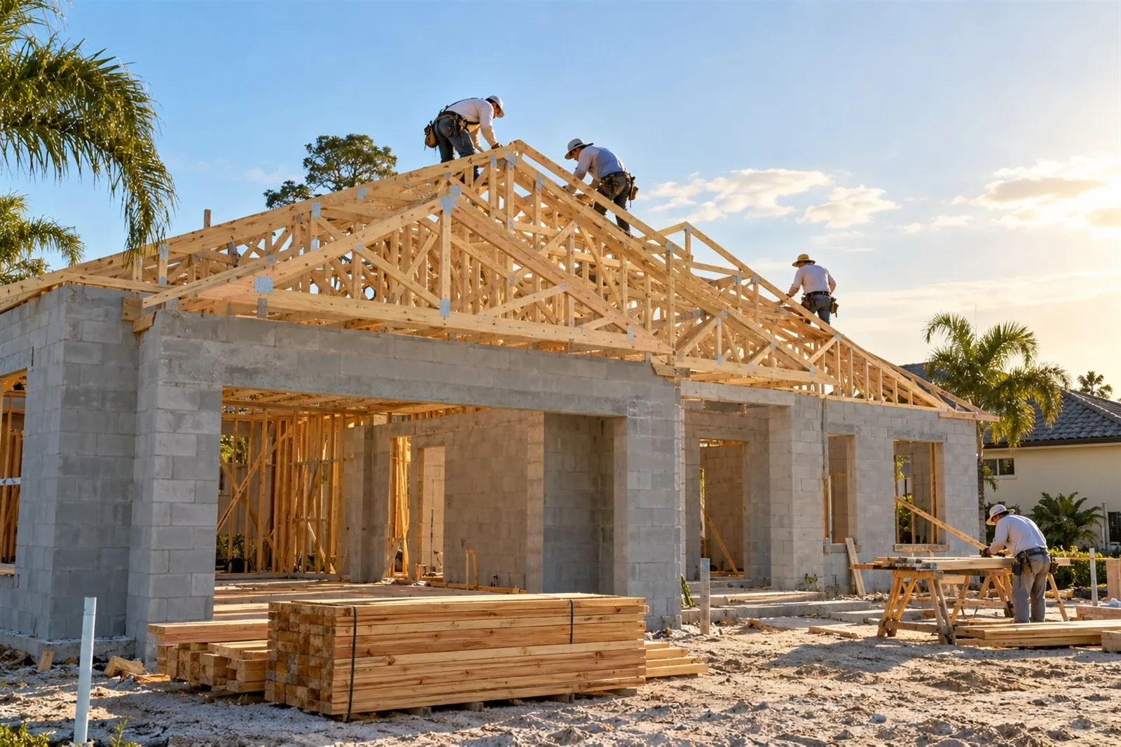 Roof trusses being set on a new concrete-block home