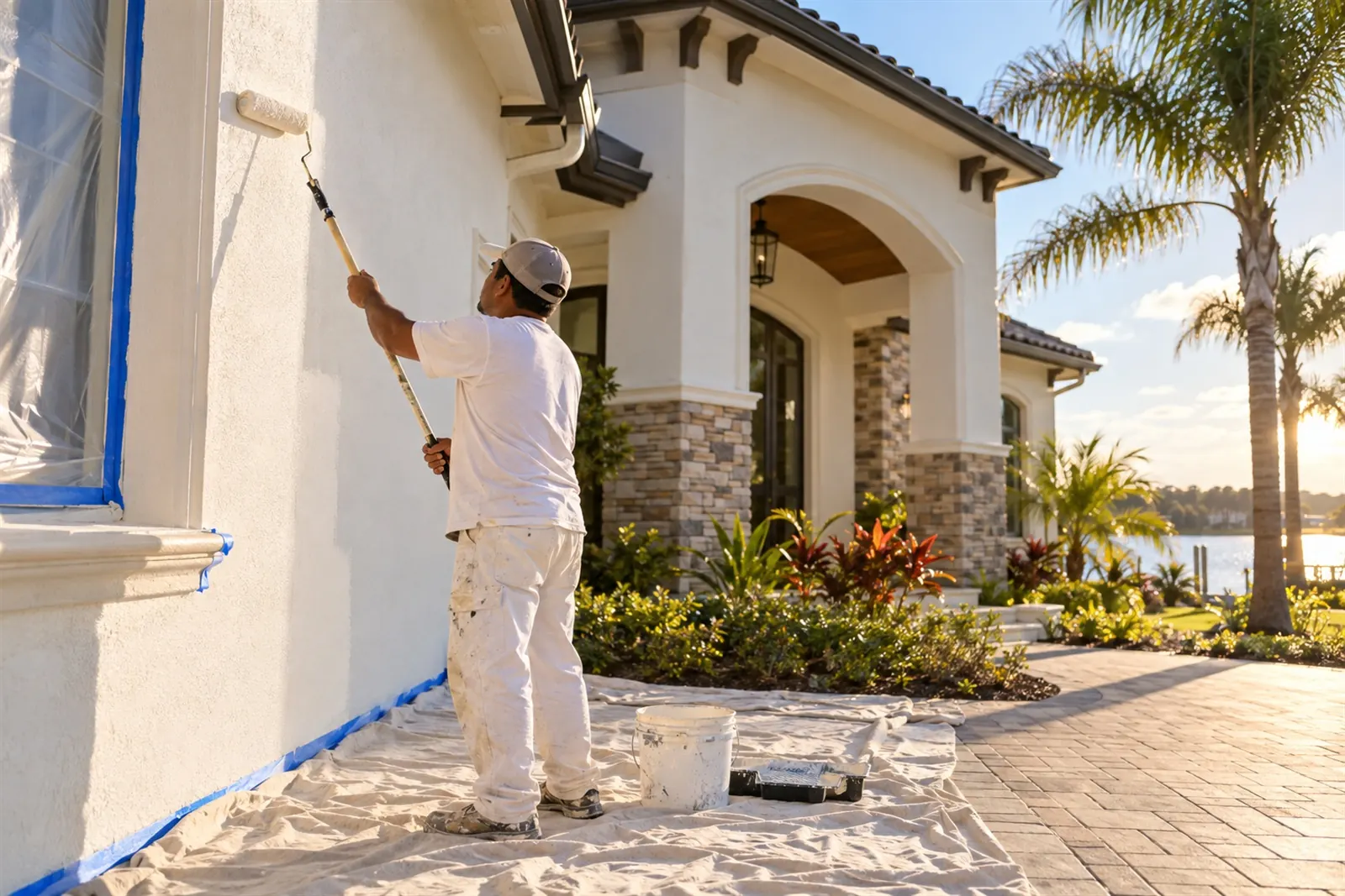Painter rolling white paint onto a stucco exterior wall over drop cloths