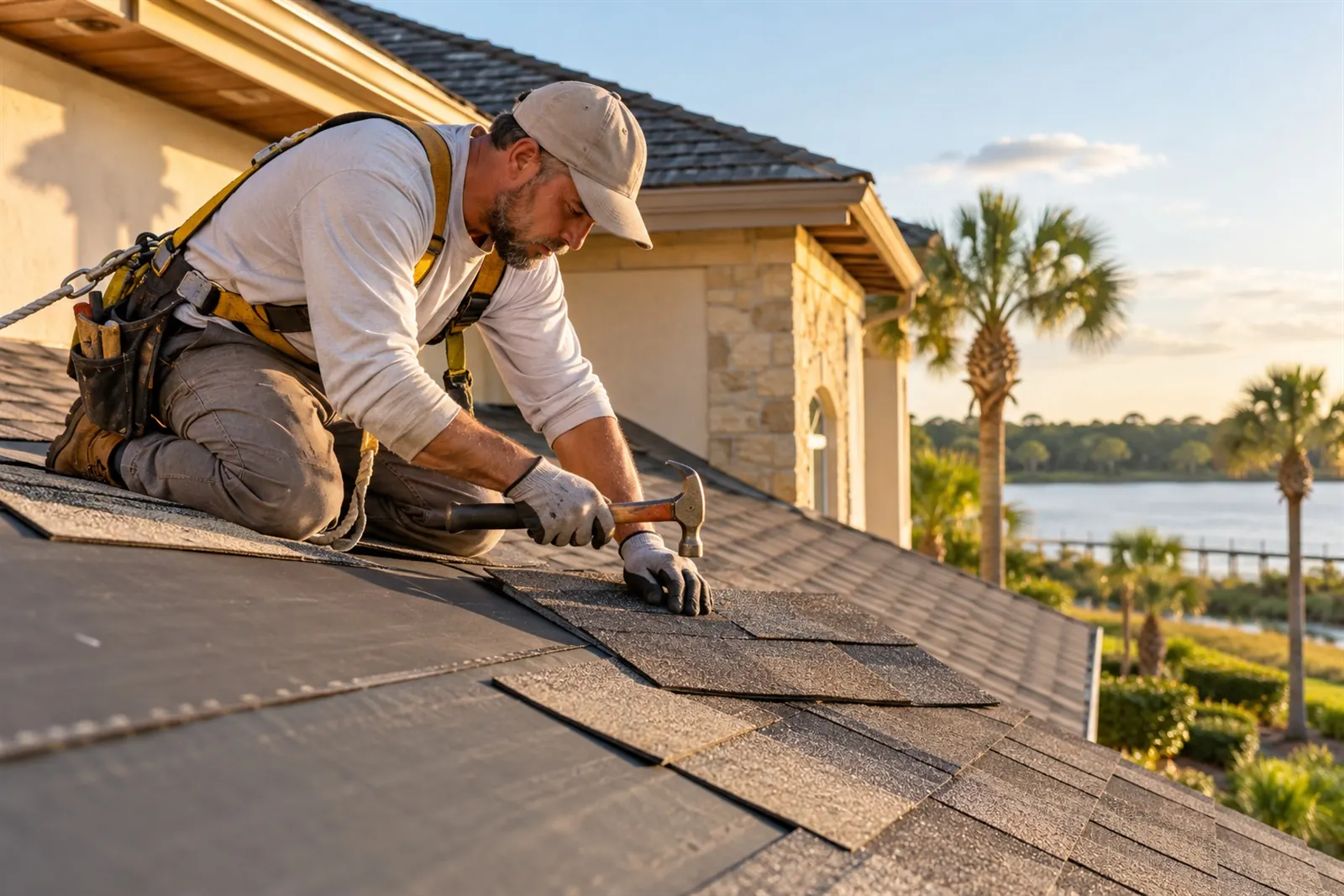 Roofer nailing down asphalt shingles on a sloped roof