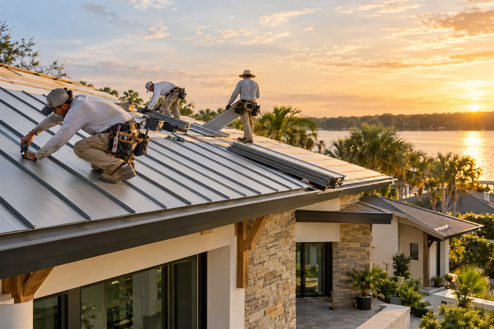 Roofers installing standing-seam metal roof panels on a Florida home